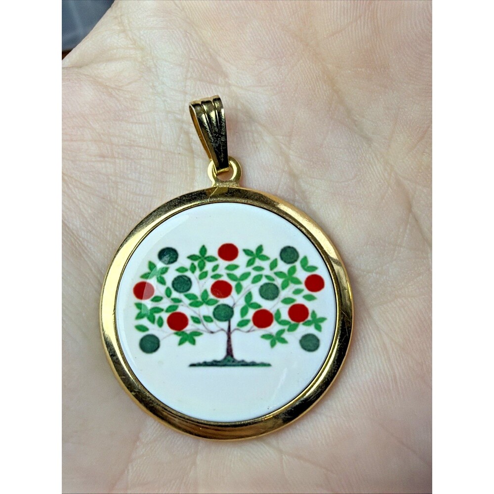 Lowell Designs Signed Apple Tree Pendant Gold Tone Round Enamel Folk Art Charm